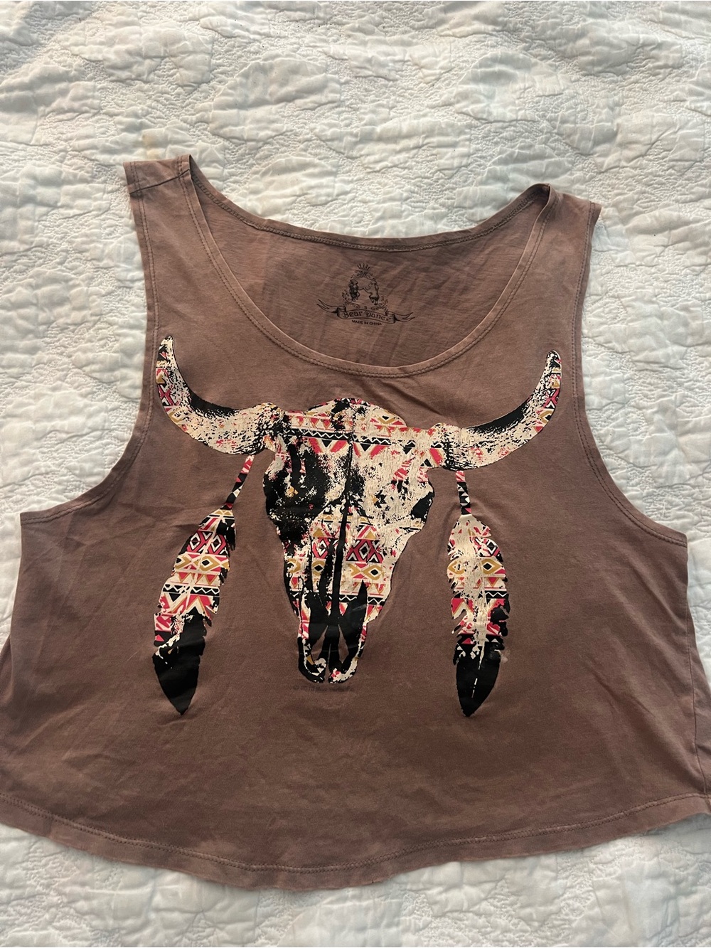 Bear Dance Brown Crop Tank with Boho Skull Print
